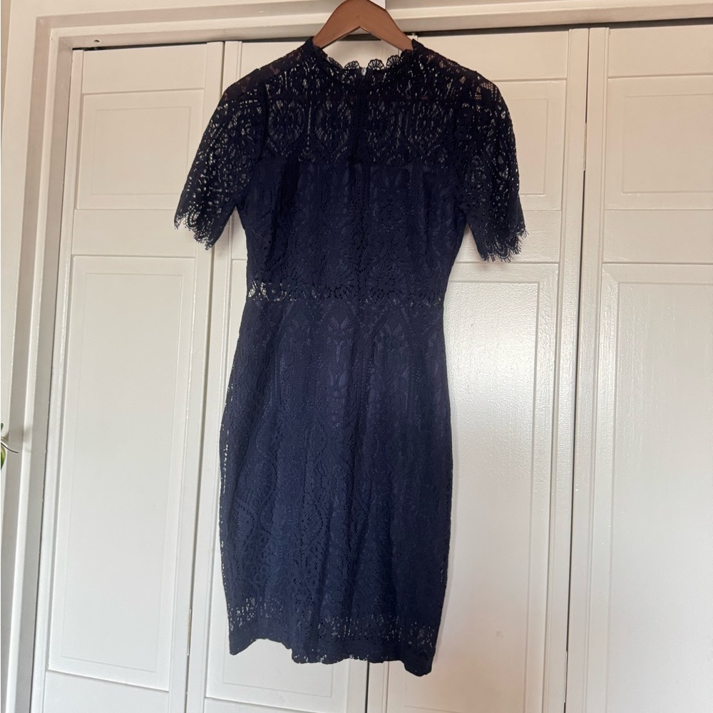 Lulu's Remarkable Navy Blue Sheer Lace Short Sleeve Dress